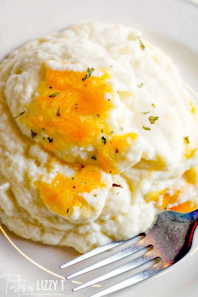 mashed cauliflower with cheese in a bowl
