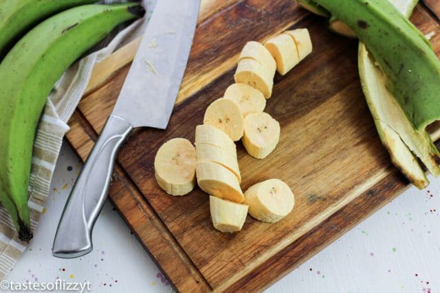 sliced plantains on a cutting board