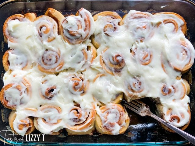 frosted cinnamon rolls with one missing