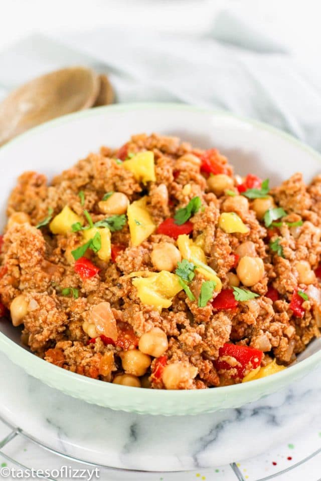 Use turkey in a new way with this Turkey Picadillo recipe! This Latin American hash is full of sweet mango. Use the leftovers in tacos or empanadas.