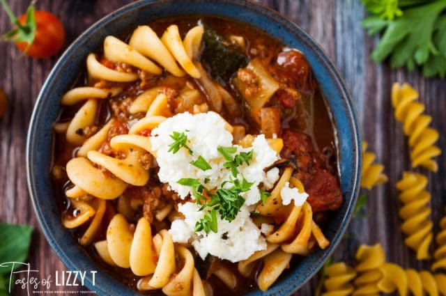 closeup of a bowl of lasagna soup