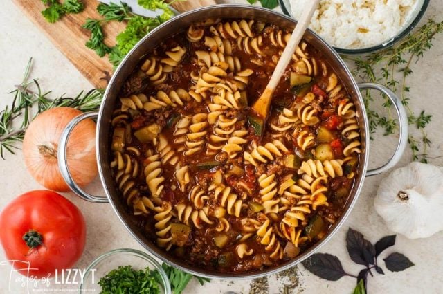 a saucepan of pasta soup