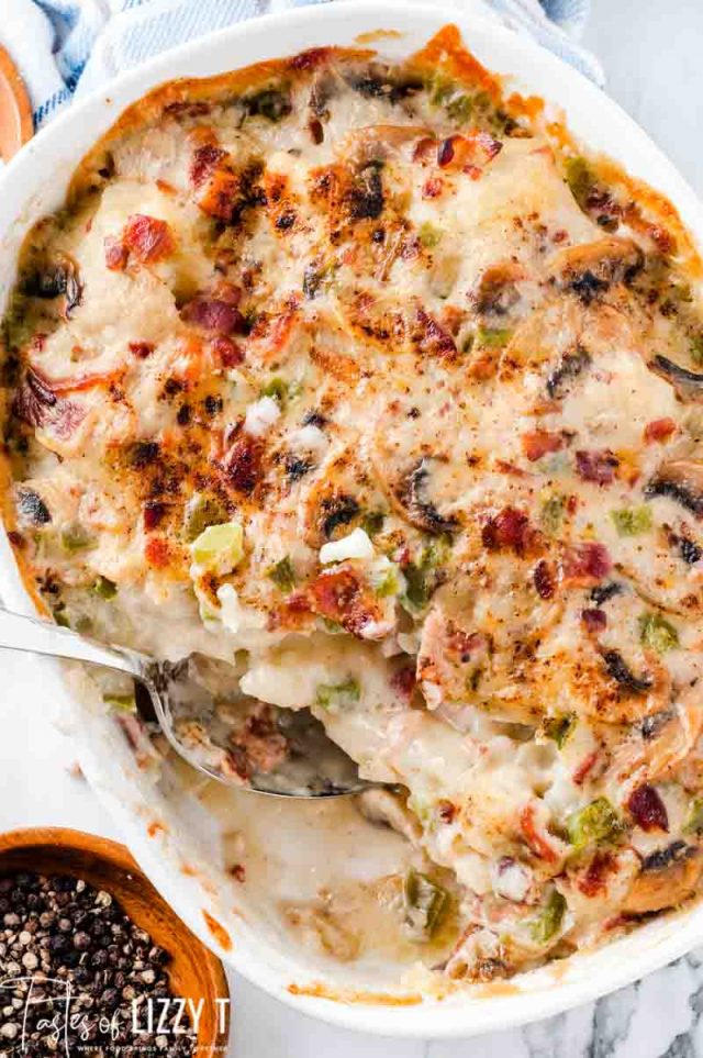 A close up of a casserole with cauliflower