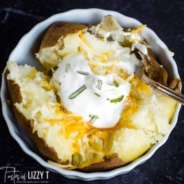 A close up of a baked potato