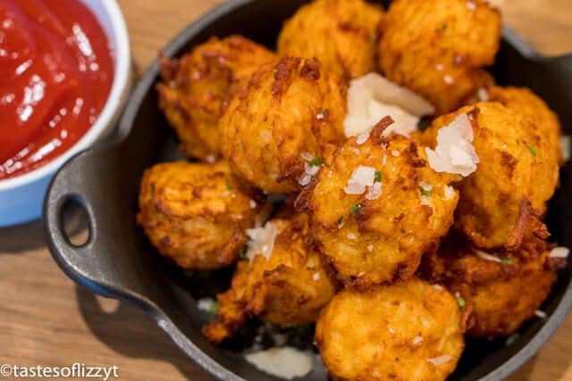 golden brown tater tots on a skillet
