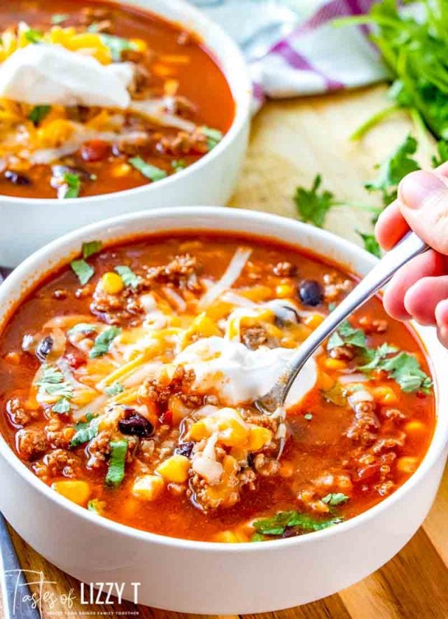 Beefy Mexican Rice Soup {with Tomatoes, Beans and Corn Ready in 60!}