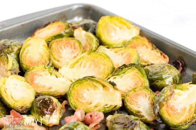 roasted brussels sprouts on a baking pan
