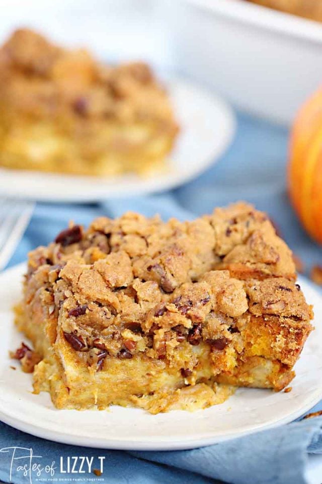 slice of pumpkin casserole on a plate