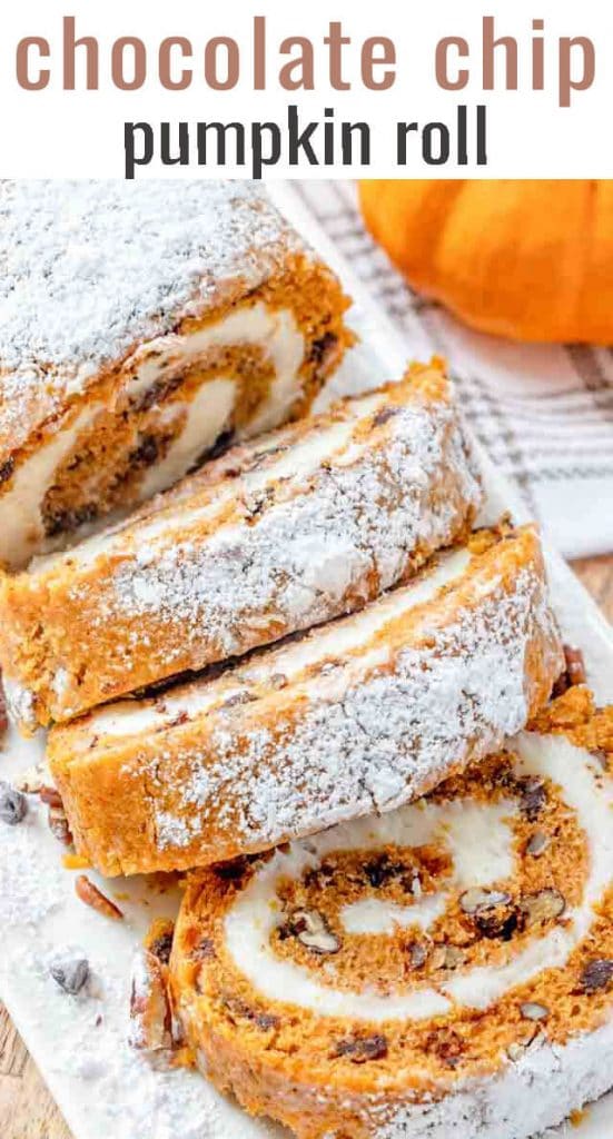 Chocolate Pecan Pumpkin Roll Cake Stuffed with Cream Cheese Filling