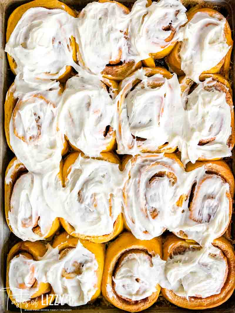 overhead view of pumpkin cinnamon rolls