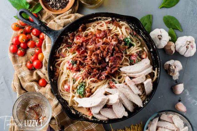 skillet with bacon and chicken