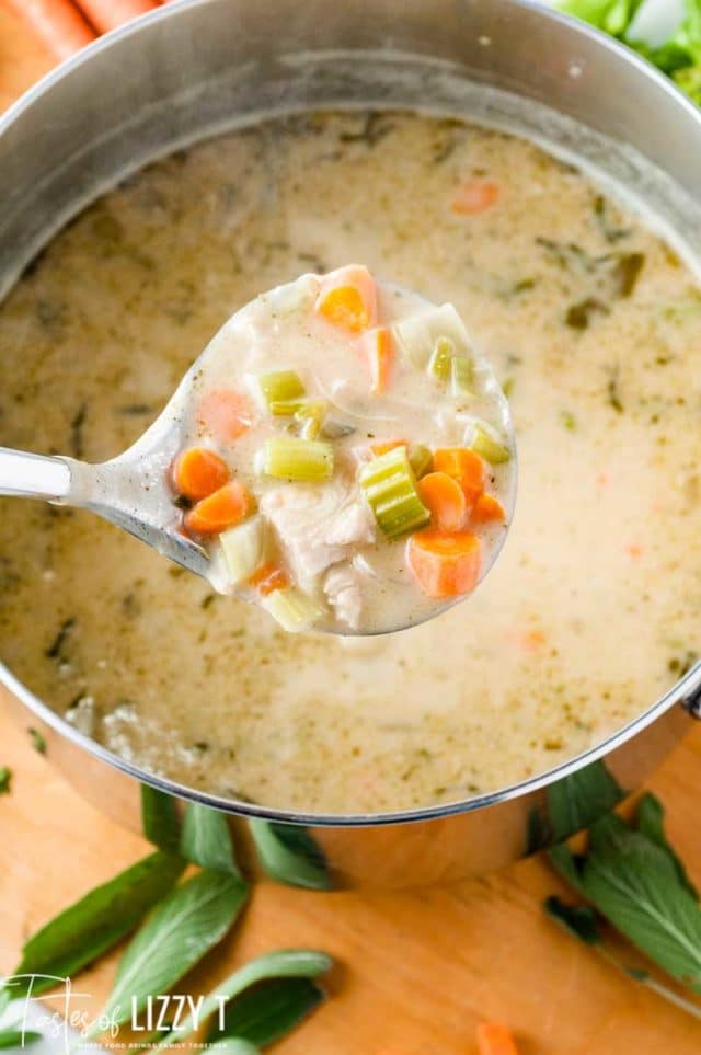 A bowl of soup and a spoon, with Chicken soup