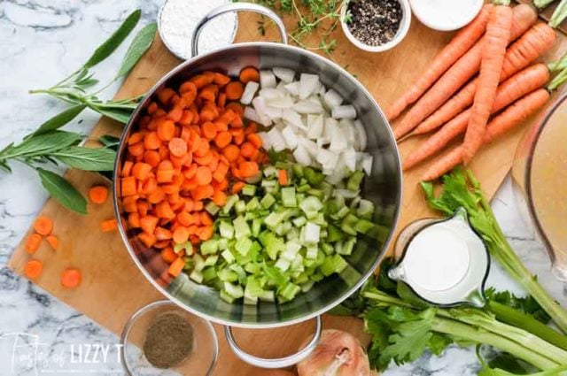 carrots, celery and onion in a pan