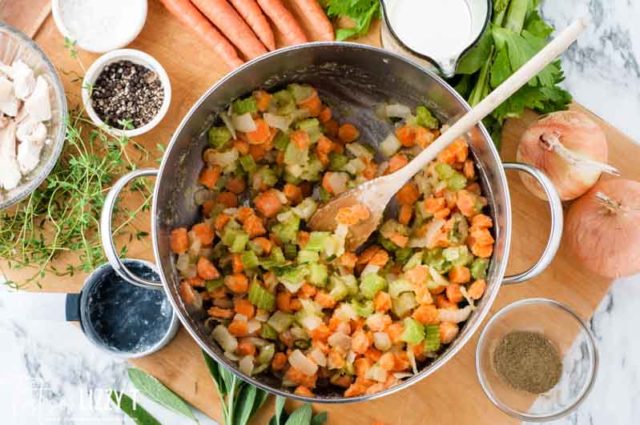 carrots, celery and onion in a pan