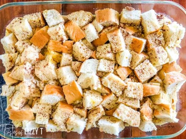 cut bread in a baking pan