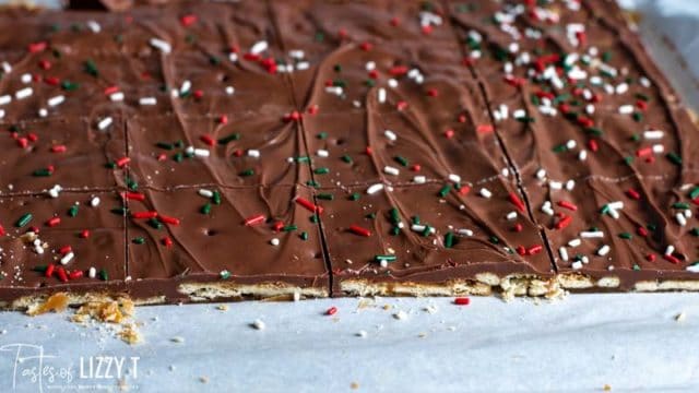 closeup of saltine toffee with sprinkles