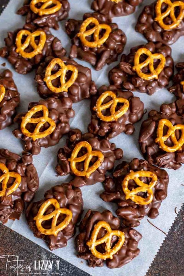 chocolate turtles with pretzels on top