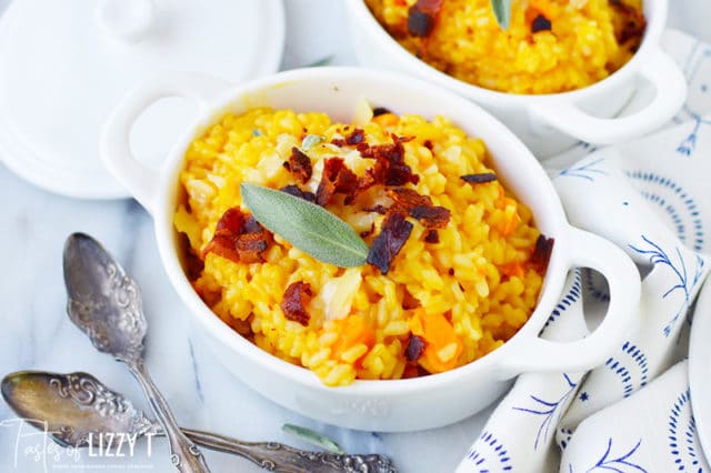 A bowl of food on a plate, with Potato and Risotto