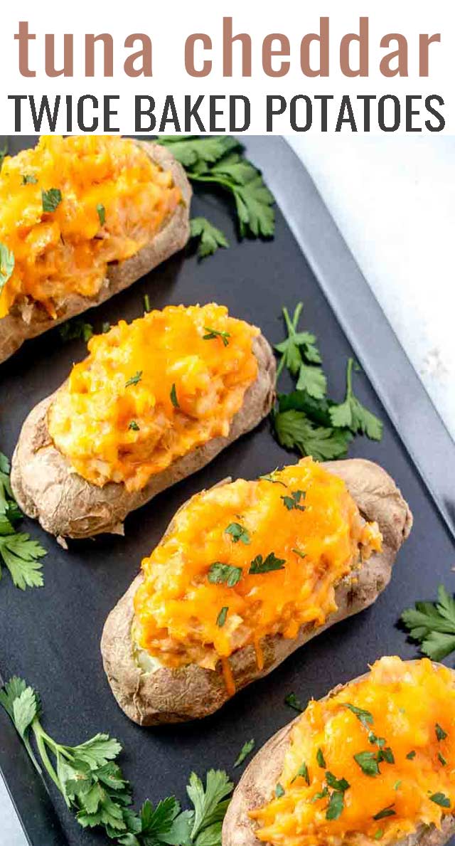 Whip up these 5-Ingredient Tuna Cheddar Stuffed Potatoes in less than 30 minutes when you need a quick, easy meal that the kids will love! #potatoes #stuffedpotatoes #twicebaked #potato #tuna via @tastesoflizzyt