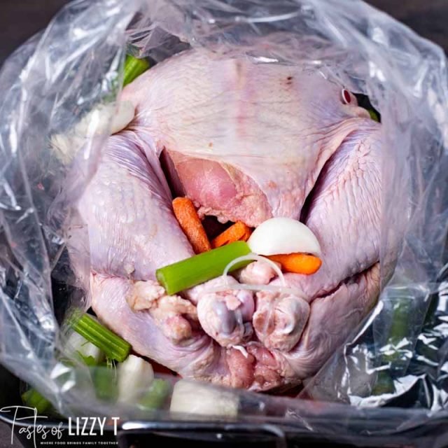 A plastic bag filled with turkey and vegetables
