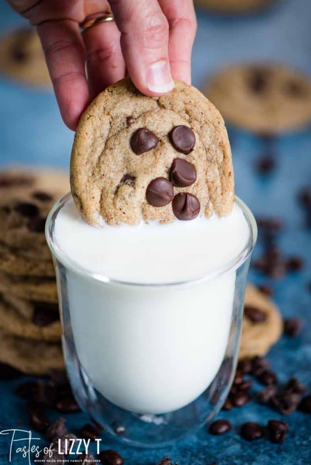 mocha chocolate chip cookies dunking in milk