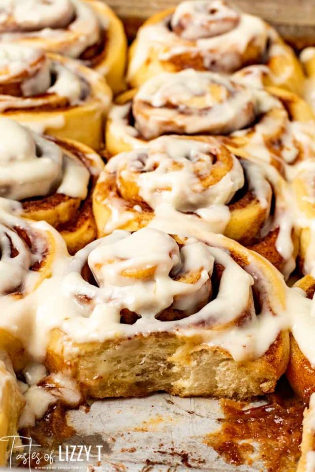 A close up of cinnamon rolls