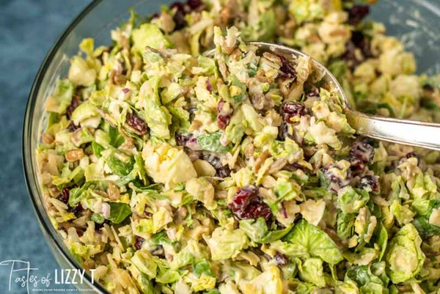 A bowl of salad, with Brussels sprout and Bacon