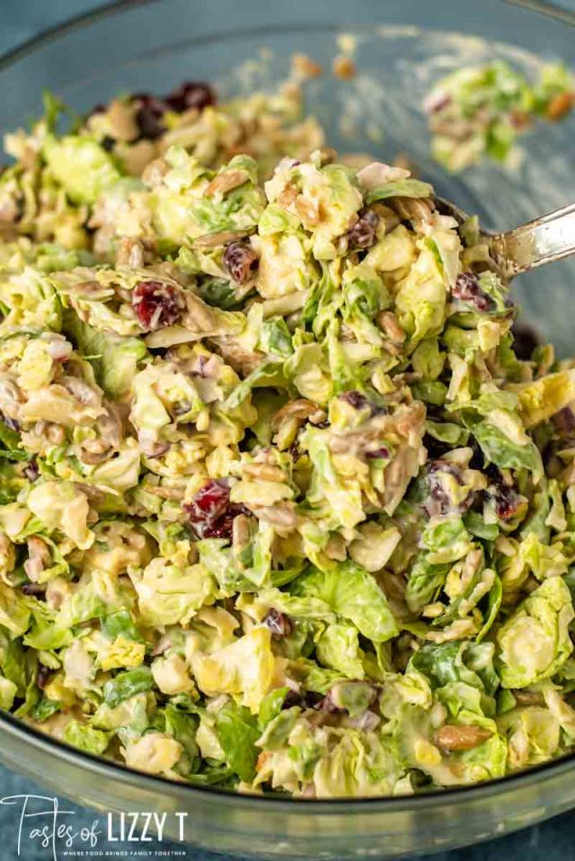 A bowl of salad, with Brussels sprout and Bacon