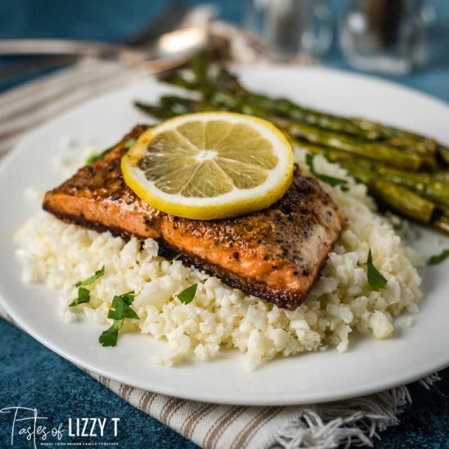 A plate of salmon with cauliflower