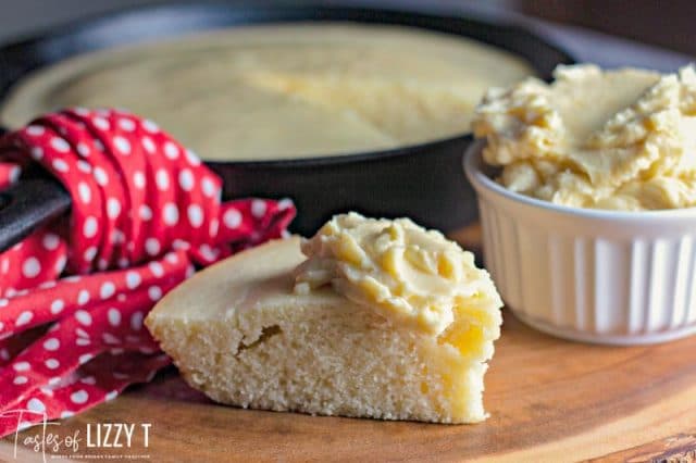 A tray of food on a plate, with Cornbread