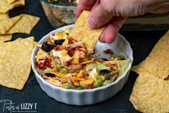 Seven Layer Taco Dip with tortilla chips