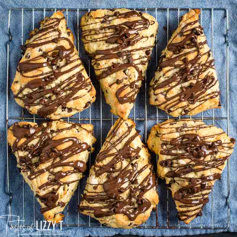 overhead view of chocolate drizzled scones