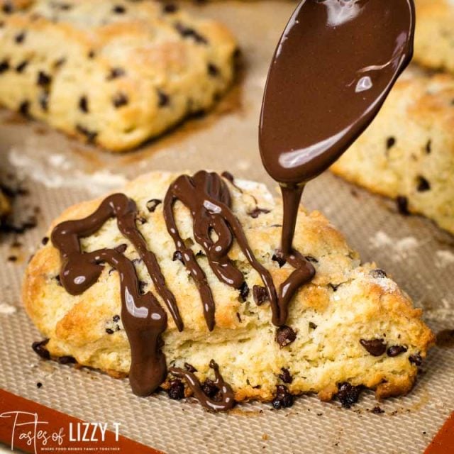 chocolate drizzling on a scone