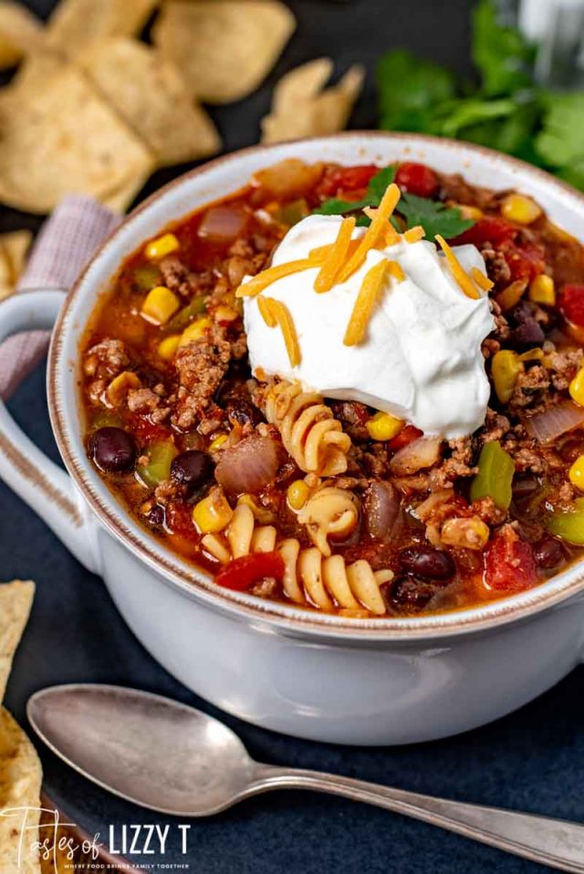 A bowl of taco soup with Beef
