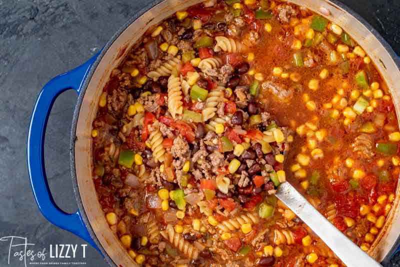 Easy Taco Soup Recipe with Black Beans, Corn, Tomatoes and Pasta