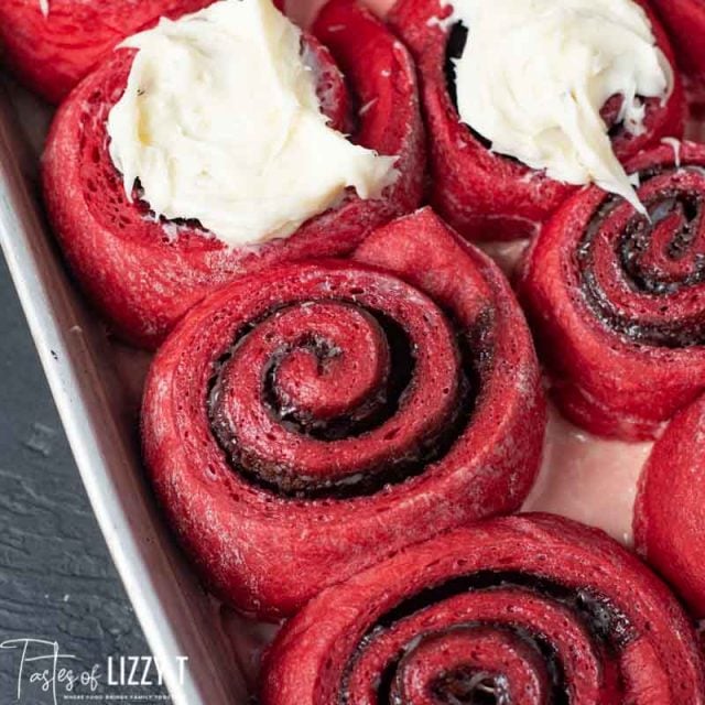 red velvet rolls with cream cheese frosting