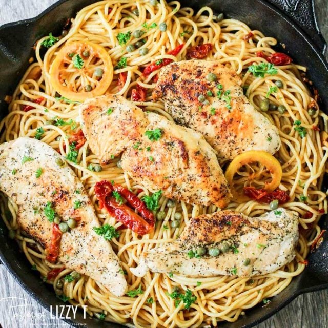 overhead shot of chicken piccata in a skillet