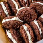 a pan of chocolate cookie sandwiches