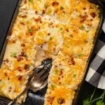 overhead shot of lasagna with spoon