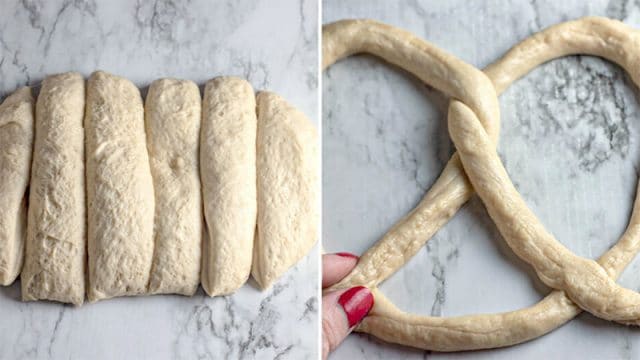 pretzel dough and shaped unbaked pretzel