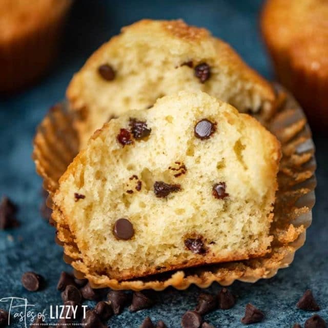 Amish Friendship Chocolate Chip Muffins cut in half in wrapper