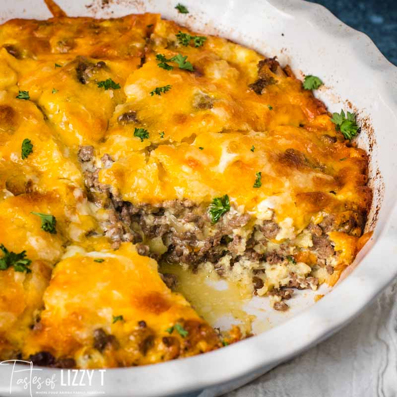 Impossible Cheeseburger Pie cut into wedges