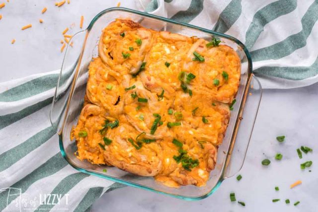 baked buffalo chicken rolls in a baking pan