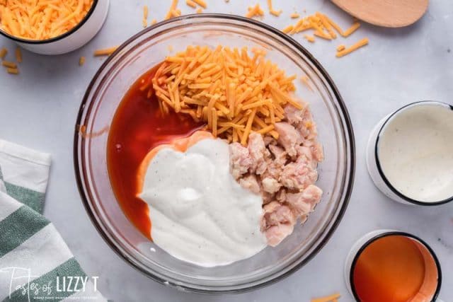 filling for buffalo chicken pinwheels in a bowl