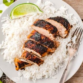 sliced chicken breast on rice