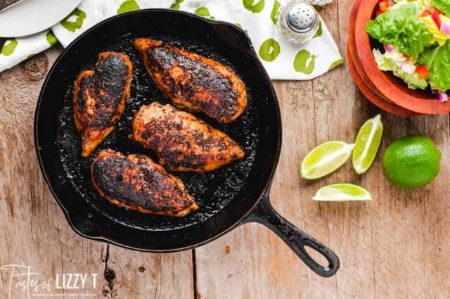 blackened chicken in a cast iron skillet