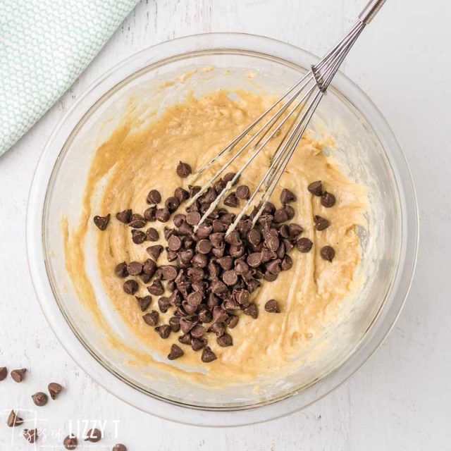 coffee cake donut batter in a bowl with chocolate chips