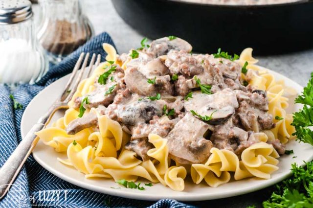 plate of beef stroganoff with mushrooms