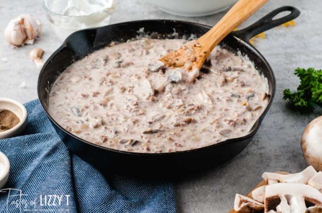 ground beef stroganoff sauce in cast iron skillet