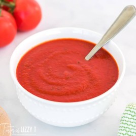 Homemade Pizza Sauce in a bowl with a spoon